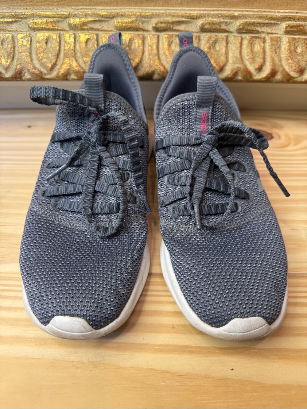 Adidas Women’s Gray Knit Lace-Up Sneakers with White Soles and Pink Logo
